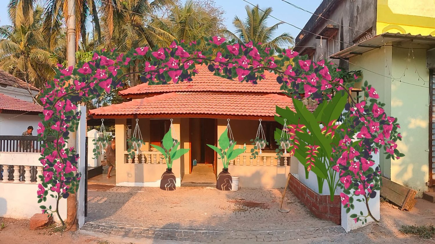 Bougainvillea trained over the entrance arch of a Goan house