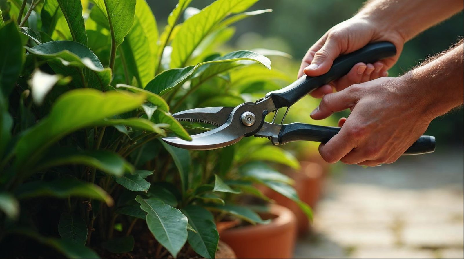 Close crop of hands pruning dense tropical foliage beside terracotta planters
