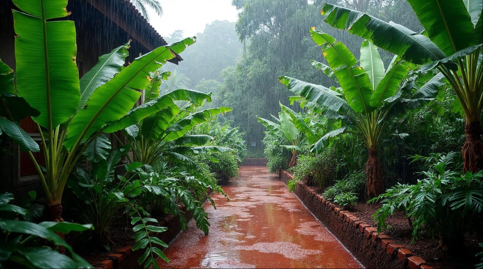 Heavy monsoon rain falling on banana and heliconia foliage beside a red laterite path